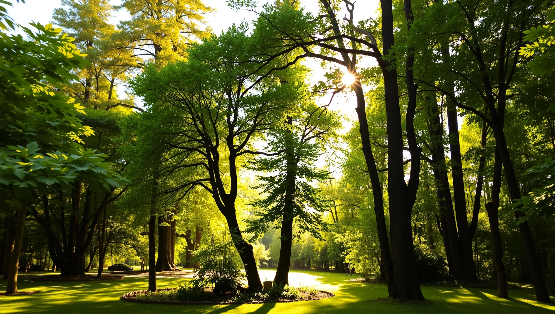 Lush green forest background with soft morning light filtering through trees, symbolizing natural vitality and health