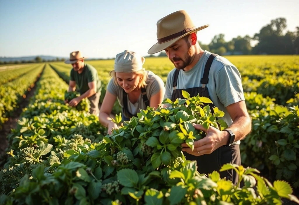 Farmers harvesting herbs in a pristine, sustainable field